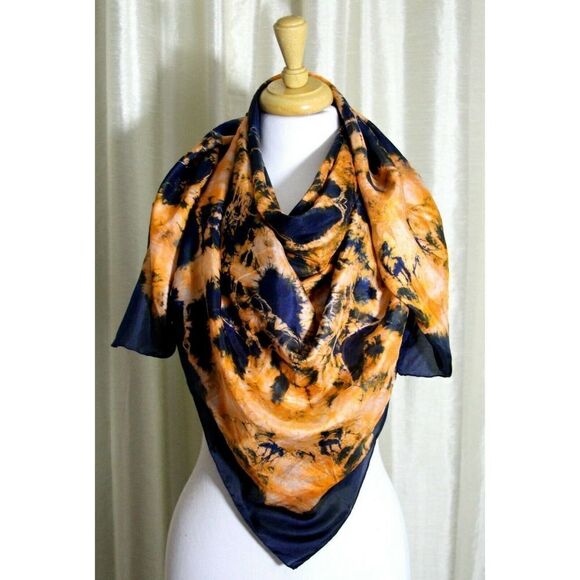 44"x45" BLUE ORANGE WHITE ARTWORK HANDROLLED 100%SILK WOMEN'S SCARF SHAWL WRAP - Picture 4 of 5